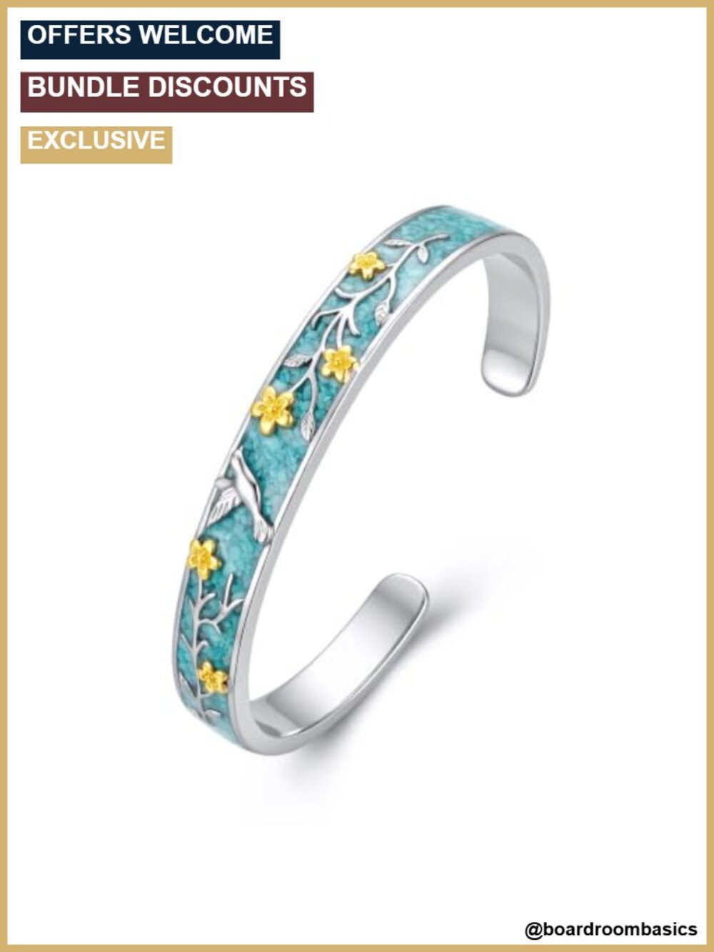 Turquoise Cuff Bracelet Silver Tone Hummingbird Flower Adjustable Statement